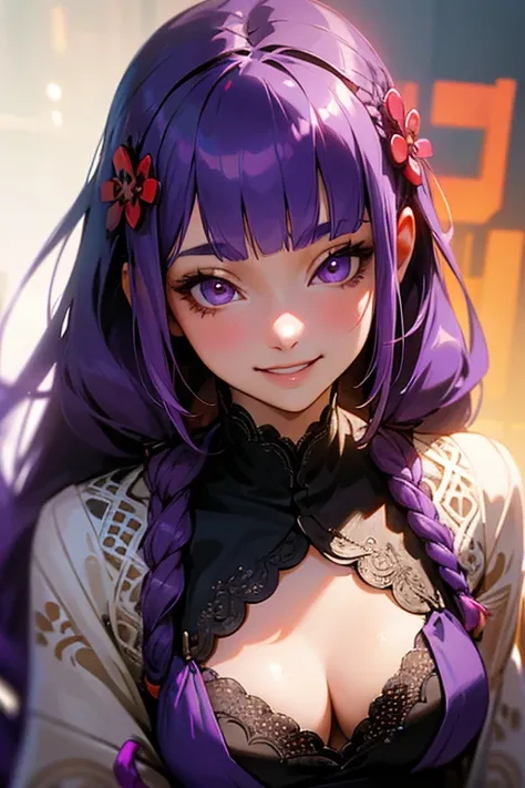 1 girl, Blunt bangs, Braiding, Wide sleeves, hair ornaments,Obi says, (Purple Hair:1.2), Very long hair, Straight hair, Looking at the audience, Highly detailed background, (Realistic:1.2), Beautiful Eyes, Red eyeshadow, thigh, (Urzan-6500:0.7), Upper Body...