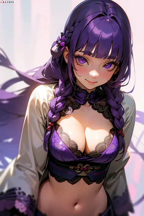 1 girl, Blunt bangs, Braiding, Wide sleeves, hair ornaments,Obi says, (Purple Hair:1.2), Very long hair, Straight hair, Looking at the audience, Highly detailed background, (Realistic:1.2), Beautiful Eyes, Red eyeshadow, thigh, (Urzan-6500:0.7), Upper Body...