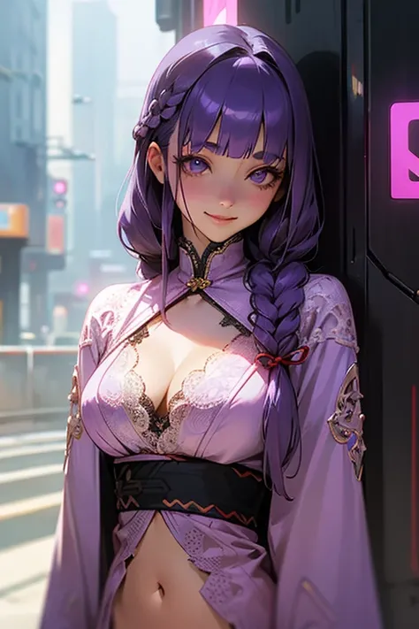 1 girl, Blunt bangs, Braiding, Wide sleeves, hair ornaments,Obi says, (Purple Hair:1.2), Very long hair, Straight hair, Looking at the audience, Highly detailed background, (Realistic:1.2), Beautiful Eyes, Red eyeshadow, thigh, (Urzan-6500:0.7), Upper Body...