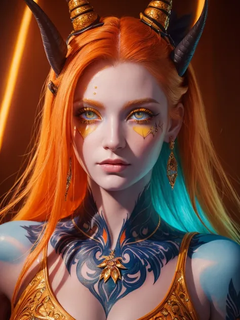 (((masterpiece))), (((Highest quality: 1.4))), ((Super Detail: 1.4)) , An extremely detailed gouache painting of a tiefling woman, Gorgeous exotic features, Amber neon eyes:1.5,  Orange Hair, Highly detailed facial features, Expressive Face, Detailed Textu...