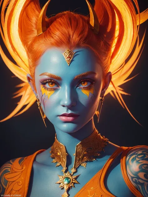 (((masterpiece))), (((Highest quality: 1.4))), ((Super Detail: 1.4)) , An extremely detailed gouache painting of a tiefling woman, Gorgeous exotic features, Amber neon eyes:1.5,  Orange Hair, Highly detailed facial features, Expressive Face, Detailed Textu...