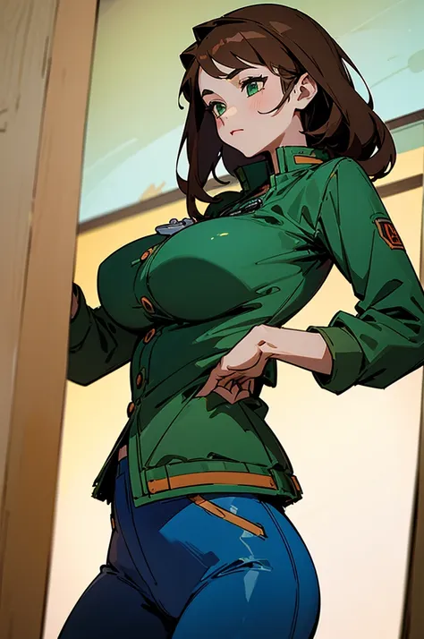 ((illustration)), (best quality)), ((masterpiece)), (detailed), benuaf, 1girl, brown hair, blue pants, green jacket, bmb-fc, huge breasts, big , 