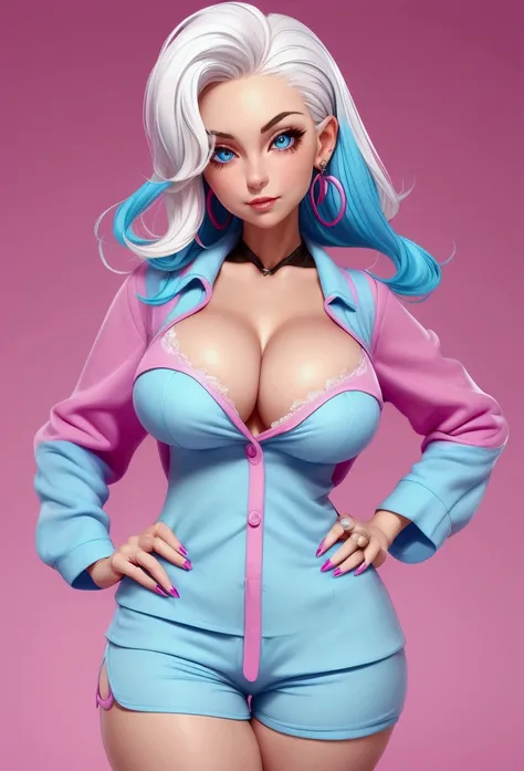 milf woman, normal size white hair, blue colored eyes, earrings in ear, pink nails,  medium sized breasts, thick thighs, accentuated hip, in pajamas pink blouse and thin mini shorts 