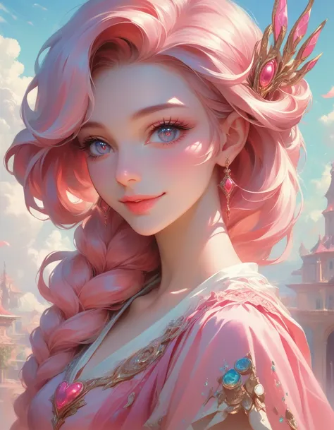 a cute girl in a pink dress, beautiful detailed eyes, beautiful detailed lips, extremely detailed face and portrait, long eyelashes, smiling, fantasy art, intricate details, delicate colors, soft lighting, ethereal atmosphere, dreamlike, whimsical, magical...