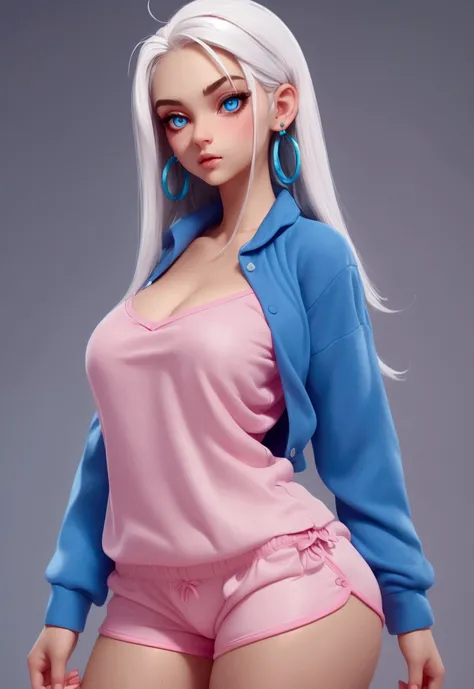  woman jovem 18 anos, normal size white hair, blue colored eyes, earrings in ear, pink nails,  medium sized breasts, thick thighs, accentuated hip, in pajamas pink blouse and thin mini shorts,  na cama 