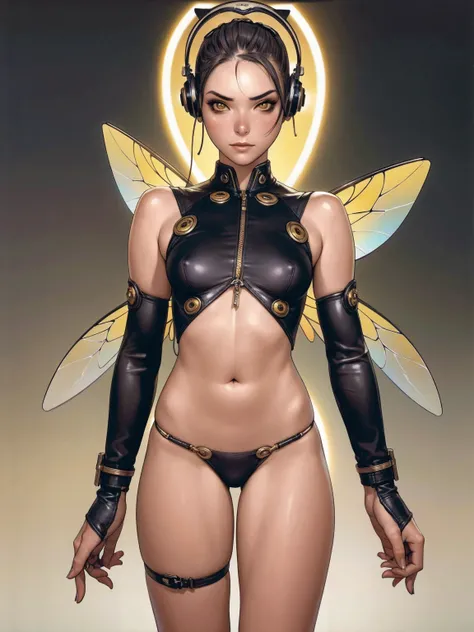 (best qualityer))), (((manga strokes))), (((Headphones))), (((Yellow devices))), hornet antennas and Googles on the forehead, (((Marvels Wasp))), (((tiny thong shorts))), uma Kizi jovem muito bem vestida com roupas modernas de inverno, short top, short jac...