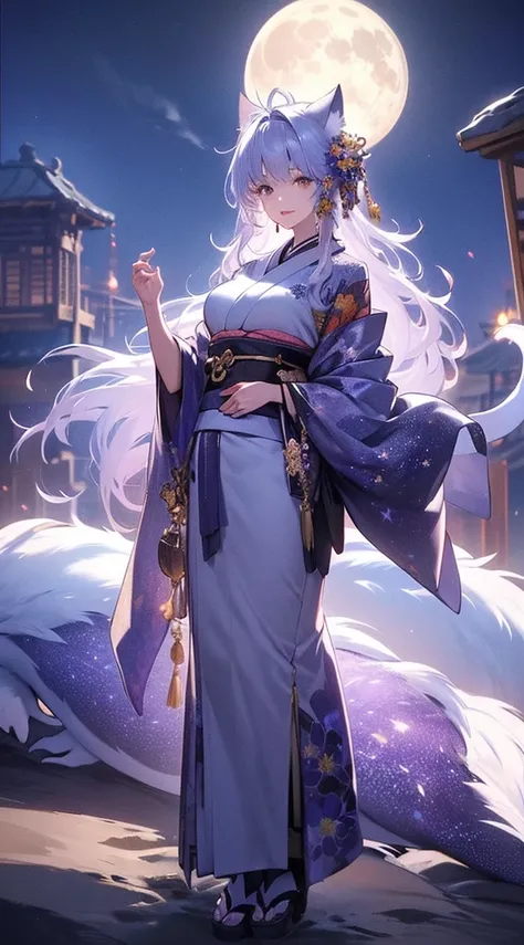 masterpiece, high quality, 4K, Beautiful design, silhouette，Light purple hair， Highly Detailed Starry Sky at Night,Flower Field， wonderful, Finer details,  Very knowledgeable woman, Highly detailed solo, 1 female,Cat ear，Big Breasts，kimono，Night view，Starr...