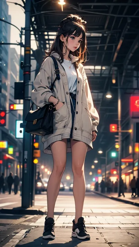 a young woman standing on the street, blur the background, comely, photorrealistic