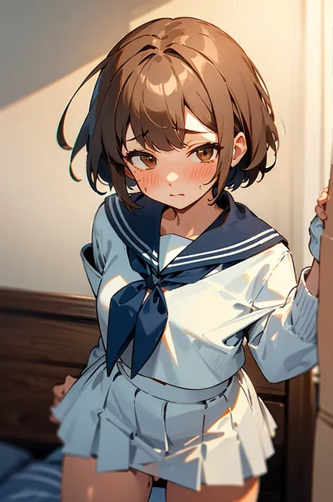 penis　nsfw　faceless male 　Brown tan skin((Highest quality)), ((masterpiece)), (detailed), （Prevention of drawing errors）One girl, Off-the-shoulder sweater,　First Person View　Brown eyes　　High school girls　White Sailor Suit　White short skirt　Blue ribbon on c...