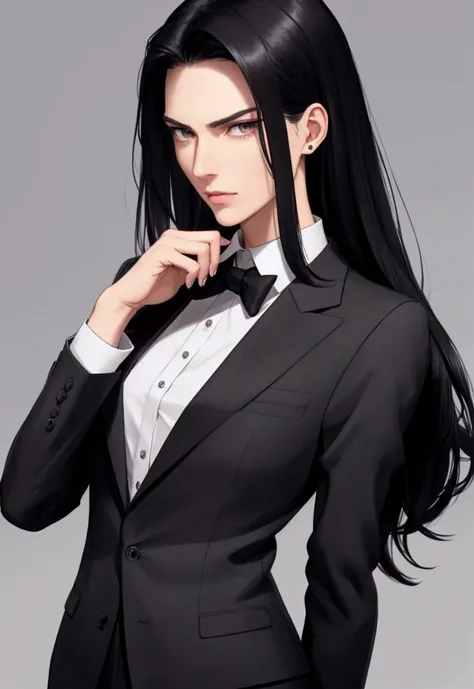 a tall, thin man with long black hair, slightly feminine features, extremely well-groomed appearance, delicate features, wearing a suit, office setting, 1man, hyper-realistic, 8k, extremely detailed, photorealistic, striking pose, serious expression, natur...