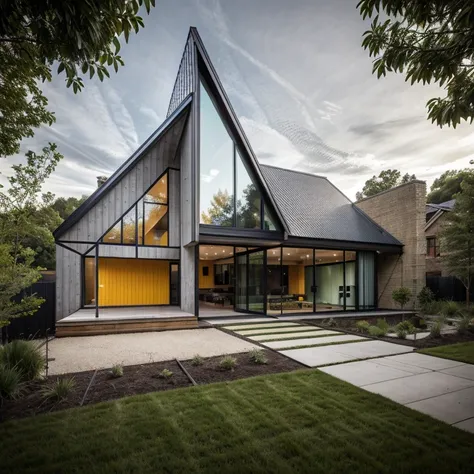 house exterior industry style, dark yellow and green color scheme, like an oldtime industry factory,raw materials, exposed structural elements, and simple, clean lines,rough-hewn steel, polished concrete, glass, and exposured brick,