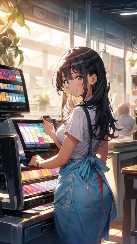 young woman,Facing forward,smile,((Standing inside the cash register)),Touching the cash register machine,Customer Service,((There is a cash register on the table)),(Scanning product barcodes at the cash register)),Supermarket clerk,Wearing an apron,((Work...