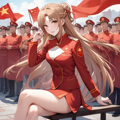 ((Highest quality)), ((masterpiece)), (detailed), （Perfect Face）、The woman is Chinese. She is a Chinese woman with light brown, medium-long hair and an engagement ring. She is a member of the glorious Chinese Communist Party and has sworn absolute loyalty ...