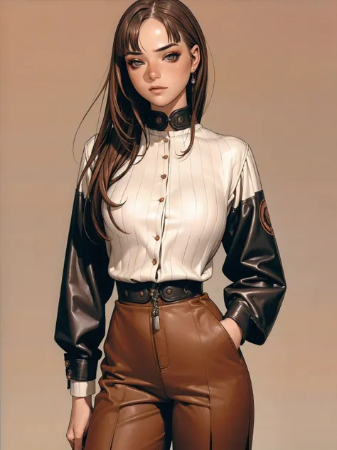 (best qualityer))), (((manga strokes))), (((long dark hair with straight bangs and copper highlights))), freckles, (((wide pants with 2 side stripes))), uma Kizi jovem muito bem vestida com roupas modernas de inverno, top gift vertical stripes, short jacke...