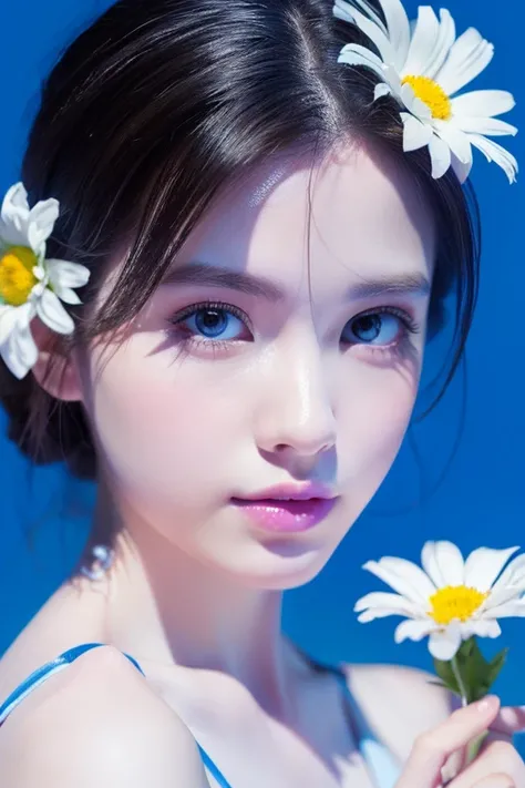 One woman, Blue Dai White, Photo art, (flower), Great photos with beautiful saturation, Ultra-high resolution,(Realistic:1.4)),Deep Shadow,(Highest quality, masterpiece), Pale skin, It&#39;s dim, shade, Panicked, blush, Very detailed, skinny, Breaking Dept...