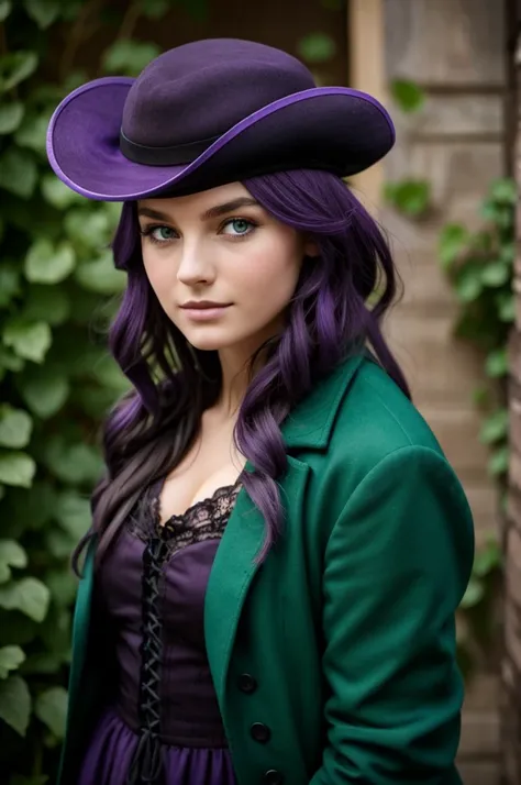 Une fille noire aux cheveux violets et aux yeux verts avec un chapeau de pirate vert et un manteau violet 