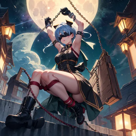 masterpiece, best quality, JingliuV5, 1girl, solo, gloves, gloves, dress, bare shoulders, closed mouth, boots, sky, black gloves, black footwear, blindfold, night sky, full moon, elbow gloves, armpits, arms up, ((chain, bound, restrained:1.3)), sitting, wa...