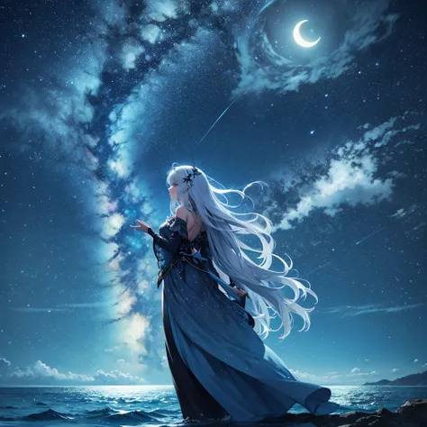  starry sky and moon, sea, glowing, fantasy  style