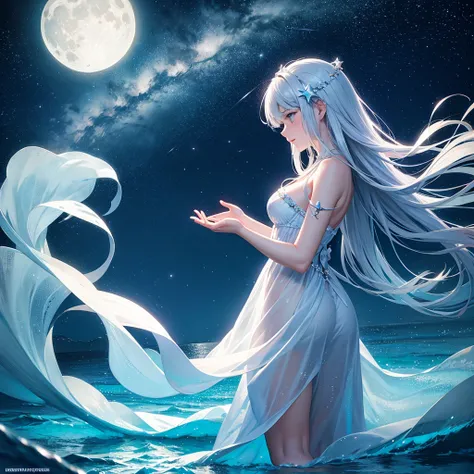  starry sky and moon, sea, glowing, fantasy  style