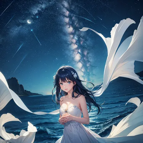  starry sky and moon, sea, glowing, fantasy  style