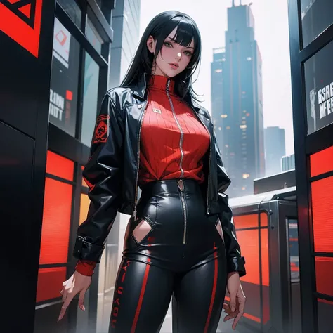 (((best qualityer))), (((manga strokes))), A young woman in cyberpunk style wearing a black and red futuristic urban outfit, devilish smile, pose de atitude, vampire-like nocturnal creature, cabelo espetado manga style, 独奏, overcoat with large collar, chai...