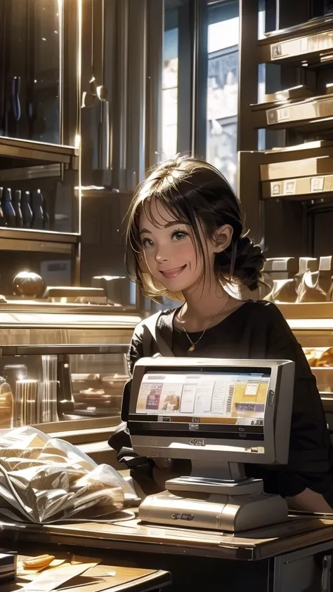 young woman,Facing forward,smile,((Standing inside the cash register)),Touching the cash register machine,Customer Service,((There is a cash register on the table)),(Scanning product barcodes at the cash register)),Supermarket clerk,Wearing an apron,((Work...