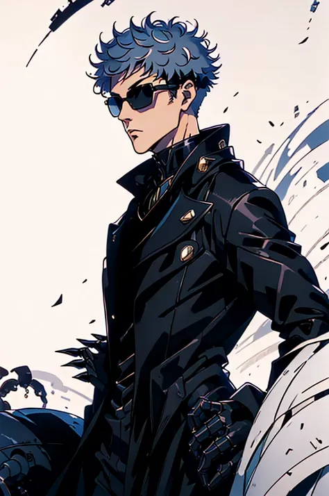 ((illustration)), (best quality)), ((masterpiece)), (detailed), adult, 1male, white hair,  jacket, black gloves, coat, sunglasses, leather, mechanical arms, claws, robot arms, solo, 1boy,