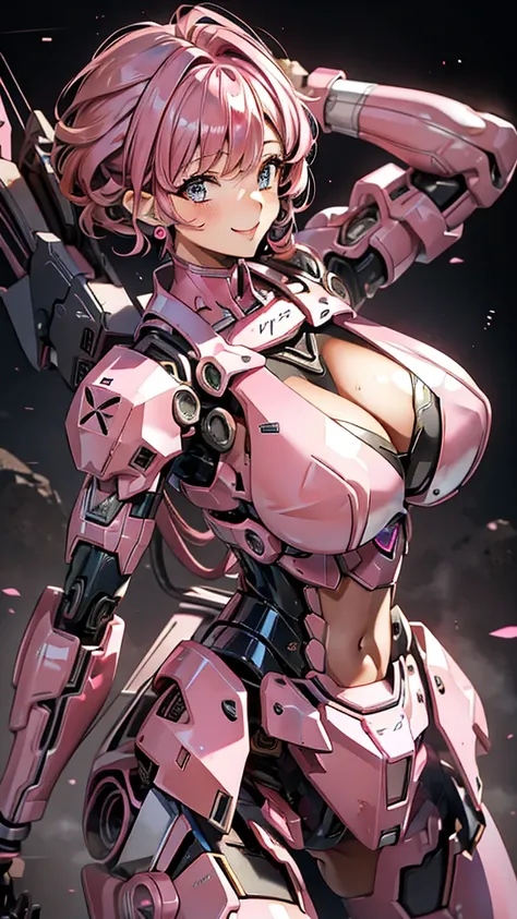 Pink translucent mecha，Arm mecha，Short pink hair，Curly hairstyle，Huge breasts，Cleavage，Half body wearing benzene heavy mecha，fighter hangar，Sexy，lipstick，Gray eyes，Smile，earrings