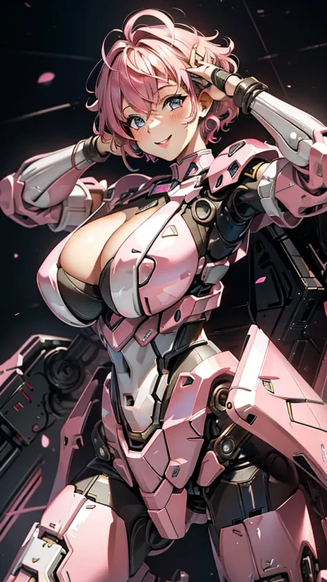 Pink translucent mecha，Arm mecha，Short pink hair，Curly hairstyle，Huge breasts，Cleavage，Half body wearing benzene heavy mecha，fighter hangar，Sexy，lipstick，Gray eyes，Smile，earrings