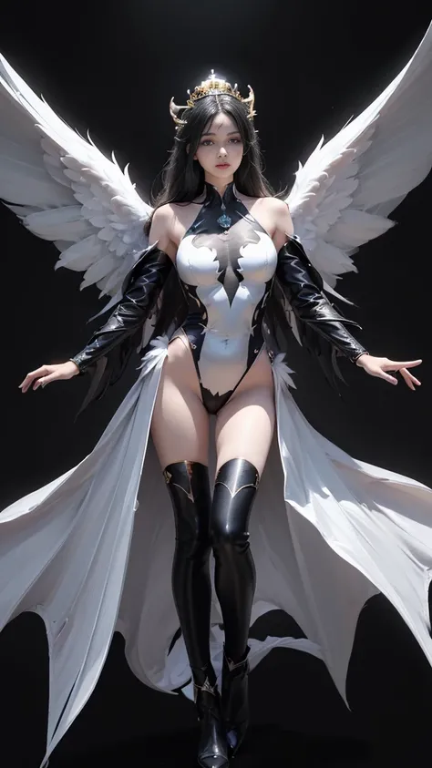 (Realistic picture, highest resolution, 16K), (A demon god with wide wings and enormous power on his shoulders., Twelve wings on the shoulders, 3 black bat wings:1.5, 3 white angel wings:1.5), 6 angel wings, 6 devil wings, (สาวสวยlong hairสองเมตร, shiny bl...