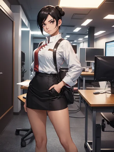 (Tenten), 1girl, wearing a office suit, black tight skirt at an office , Tentens hair style , 8k, high detailed, high quality