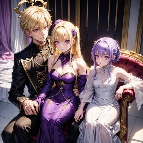 A boy with blonde hair with red eyes and a girl with purple hair and purple eyes sitting on a throne each with elegant clothes and a cold expression looking at each other.