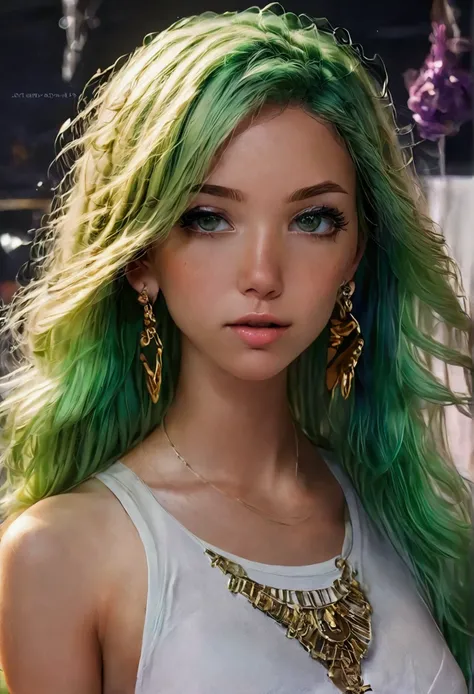 Green hair, Purple eyes , Gorgeous girl , Nipples , Big tits, Surrealism, Anime, 8k, super detail, Photo Studio style