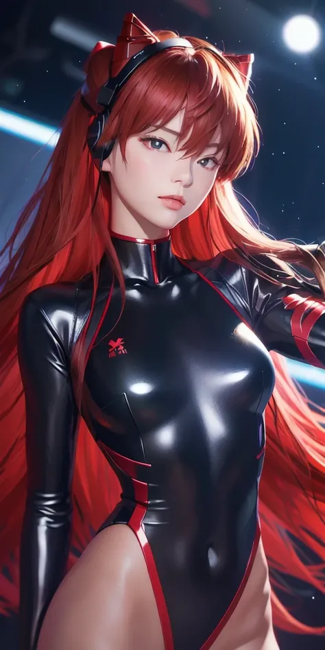 (Overlooking figure), Dynamic Angle, head to toe, full body, Very detailed, figure, close, Straight, One girl, 
 ((Soryu Asuka Langley, Interface Headset, Red bodysuit:1.4, bionde)), Her eyes shone like dream-like stars, (Glowing Eyes:1.233), (Beautiful an...