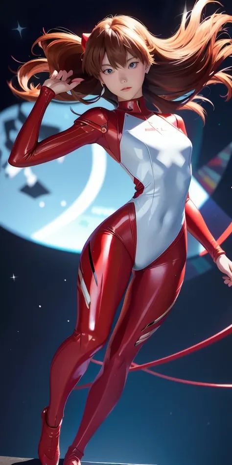 (Overlooking figure), Dynamic Angle, head to toe, full body, Very detailed, figure, close, Straight, One girl, 
 ((Soryu Asuka Langley, Interface Headset, Red bodysuit:1.4, bionde)), Her eyes shone like dream-like stars, (Glowing Eyes:1.233), (Beautiful an...