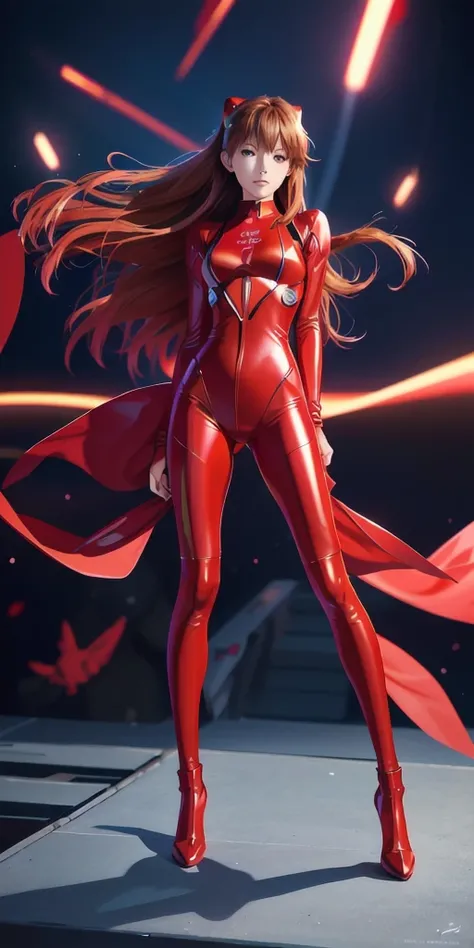 (Overlooking figure), Dynamic Angle, head to toe, full body, Very detailed, figure, close, Straight, One girl, 
 ((Soryu Asuka Langley, Interface Headset, Red bodysuit:1.4, bionde)), Her eyes shone like dream-like stars, (Glowing Eyes:1.233), (Beautiful an...