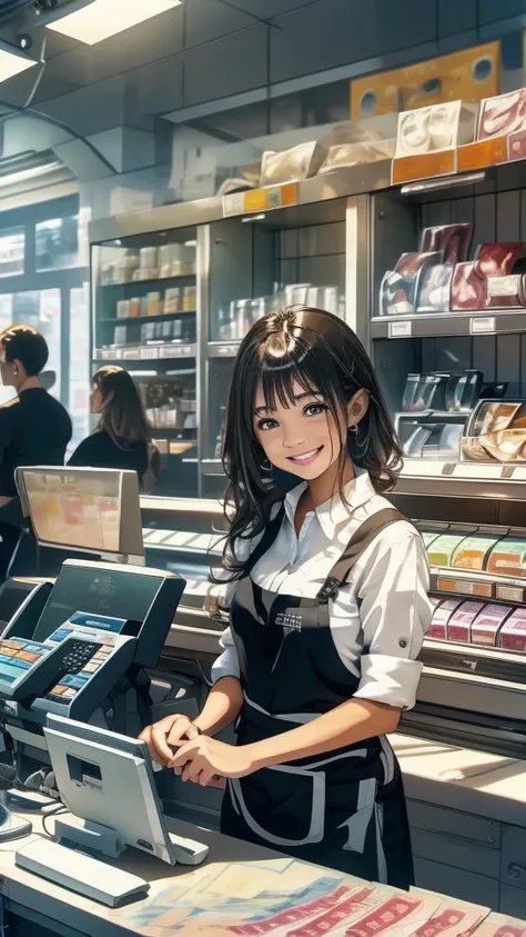 young woman,Facing forward,smile,((Standing inside the cash register)),Touching the cash register machine,Customer Service,((There is a cash register on the table)),(Scanning product barcodes at the cash register)),Supermarket clerk,Wearing an apron,((Work...