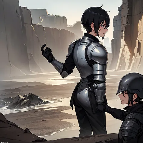 Best illustrations、Best Quality、(((Gray simple armor、Black trousers、Black gloves、Short Hair、Black Hair、20 year old man、Iron Helmet、Iron helmet)))、(((Fighting Pose)))、(Old ruins、desert。Grasasked Knight)、(Black, muddy swamp)、(Medieval Knight)、(Close your eye...