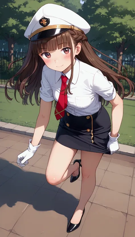 {Highest quality}, {Super beautiful},{Ultra fine},{Best illustration},Brown Hair,Hime cut,long hair,Braid,One woman,Standing Woman,Strike a pose,smile,smilingly,Uniform cap,White Shirt,Short sleeve,Long black skirt,White gloves,at the park,Blushing,Slender...