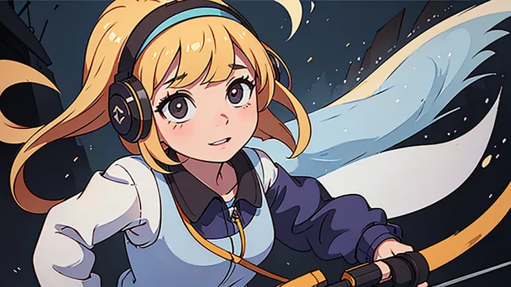 Anime-style portrait of a girl adorned with oversized headphones, riding a bike and hold the grip with both hands in a small town street, slight smile on her face, gaze directed towards the far place, mbodying good weather, atmospheric softness envelopes t...