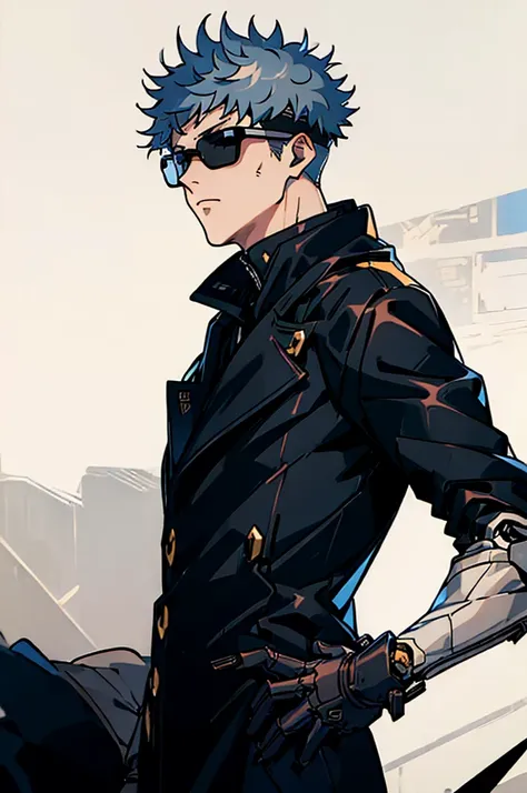 ((illustration)), (best quality)), ((masterpiece)), (detailed), adult, 1male, white hair,  jacket, black gloves, coat, sunglasse...