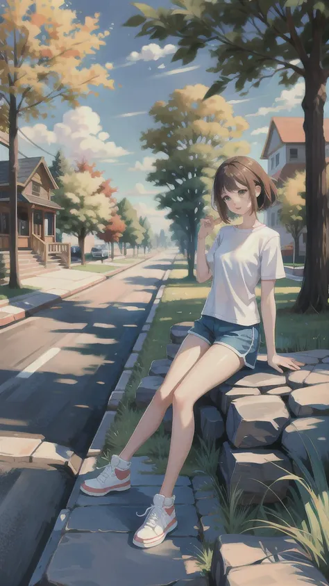 mn,jiedao,1girl,full body,tree,1girl,outdoors,solo,road,scenery,day,shorts,