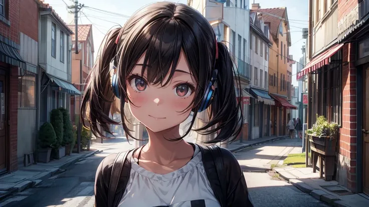 Anime-style portrait of a girl adorned with oversized headphones, riding a bike and hold the grip with both hands in a small town street, slight smile on her face, gaze directed towards the far place, mbodying good weather, atmospheric softness envelopes t...