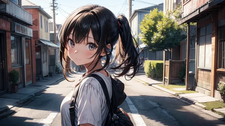 Anime-style portrait of a girl adorned with oversized headphones, riding a bike and hold the grip with both hands in a small town street, slight smile on her face, gaze directed towards the far place, mbodying good weather, atmospheric softness envelopes t...