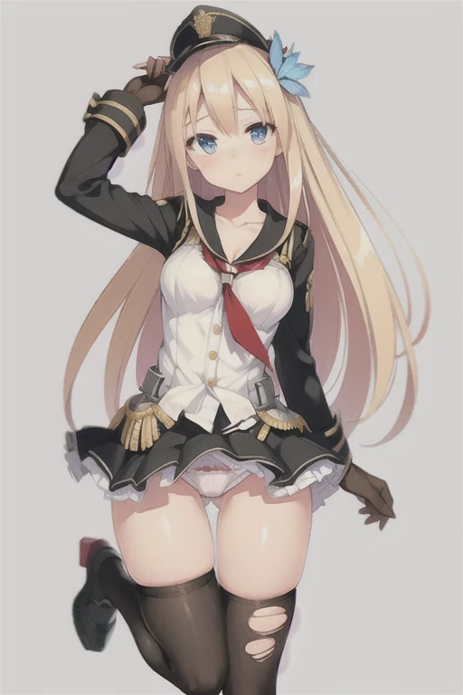 saratoga (warship girls r)，((masterpiece)),(((best quality))),((ultra-detailed)),((illustration)),((disheveled hair)),((frills)),(1 girl),(solo), 1girl, black legwear, blonde hair, blue eyes, blush, breasts, broken, burnt clothes, closed mouth, collarbone,...