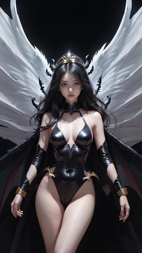 (highest god, Great Demon Lord), (Realistic picture, highest resolution, 16K), (A demon god with wide wings and enormous power on his shoulders., Twelve wings on the shoulders, 3 black bat wings:1.5, 3 white angel wings:1.5), 6 angel wings, 6 devil wings, ...