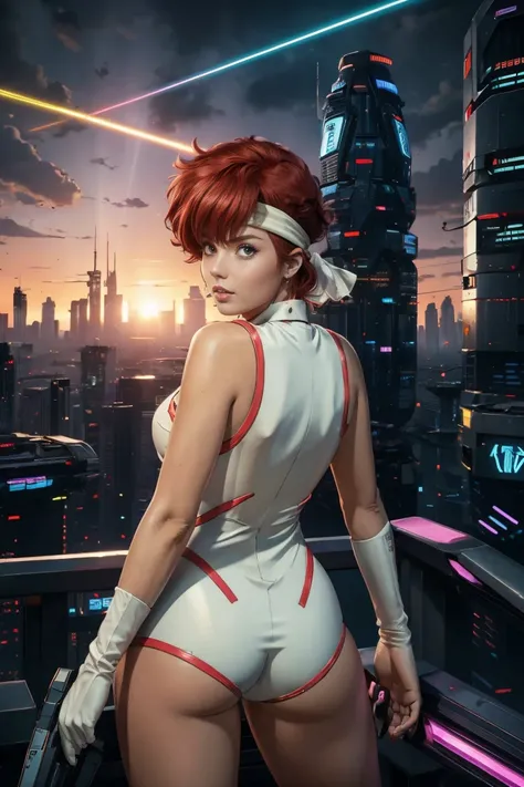 best quality,ultra-detailed,portrait of Kei from The Dirty Pair,realistic,animesque, vibrant colors,bold and dynamic pose,powerful expression,beautiful detailed eyes,intense,sharp focus,medium:anime style,short red hair,wearing her signature white jumpsuit...