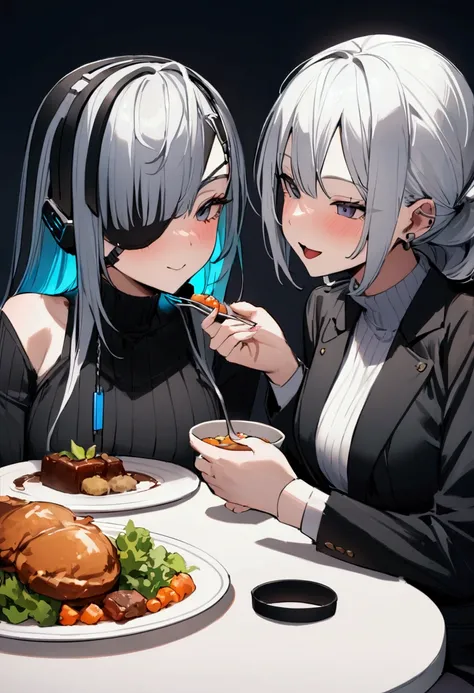 masterpiece,Highest quality,Super quality,cyber punk,cool,A silver-haired woman wearing an eyepatch,Having a meal together with a roommate