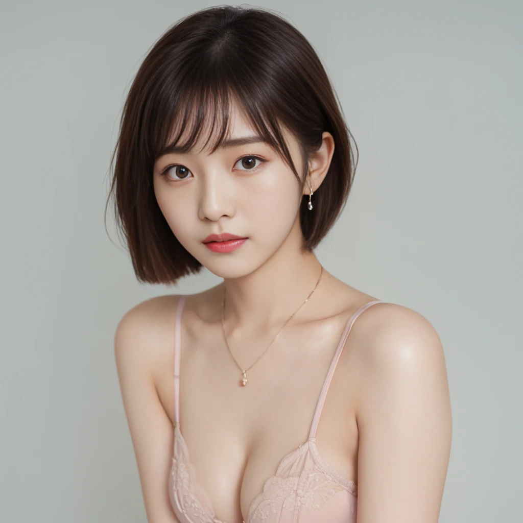 Asian woman in her 50s taking a photo wearing a pink bra top, Short Hair, gorgeous young japanese women, beautiful young japanese female, beautiful south japanese women, Extremely cute Japanese girls, Jaeyoung Nam, Portrait of a female idol in Japan, Young...