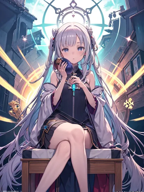 Anime girl sitting on a chair with a bowl of food in her hands, Alchemist Girl, Light novel cover, Official Art, Epic light novel art cover, Official Artwork, epic Light novel cover, change, isekai, small curvy change, Casciato krenz, Casciato, Casciato kr...